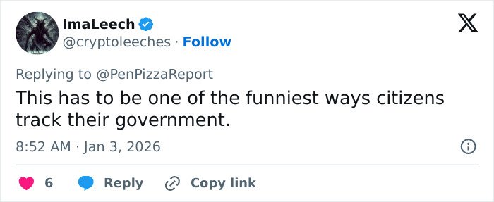 Tweet from user ImaLeech commenting on citizens using Pentagon pizza spike to track government during Venezuela attack.