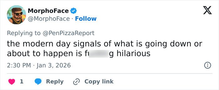 Tweet by MorphoFace discussing modern day signals, mentioning Pentagon pizza spike and bizarre theory during Venezuela attack.