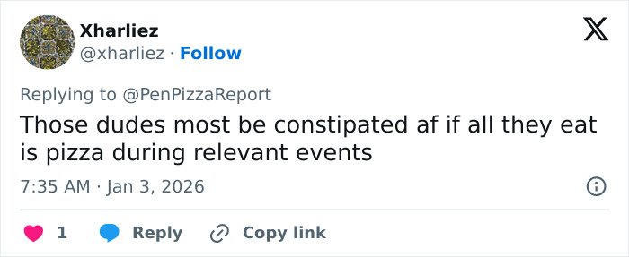 Twitter user commenting on Pentagon pizza consumption spike during Venezuela attack referencing bizarre theory online.