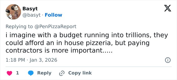 Tweet about Pentagon pizza spending amid Venezuela attack, discussing budget priorities and contractor payments.