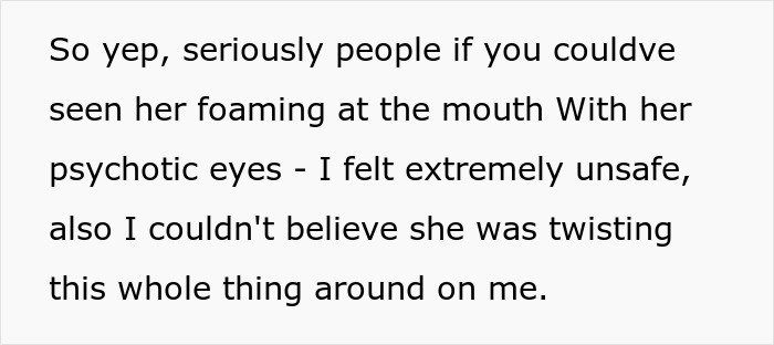 Text excerpt showing a woman's description of feeling unsafe after MIL poisons family dog and verbally attacks her, causing conflict.