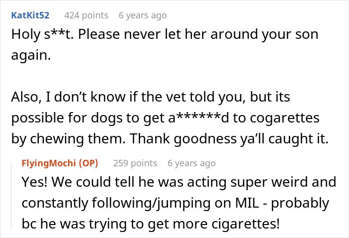 Reddit comments discussing MIL poisoning family dog and its strange behavior leading to discovery and family conflict.