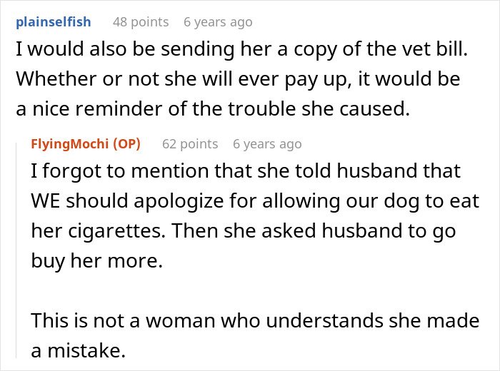 Reddit comments discussing MIL poisoning family dog and verbally attacking woman, showing lack of remorse for actions.
