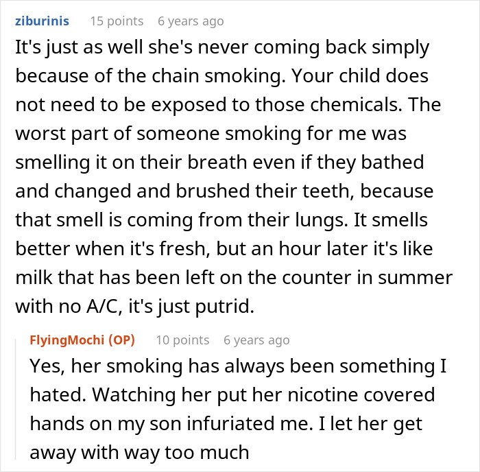 Comment discussing chain smoking’s harmful effects and frustration toward MIL poisoning family dog and verbally attacking woman.