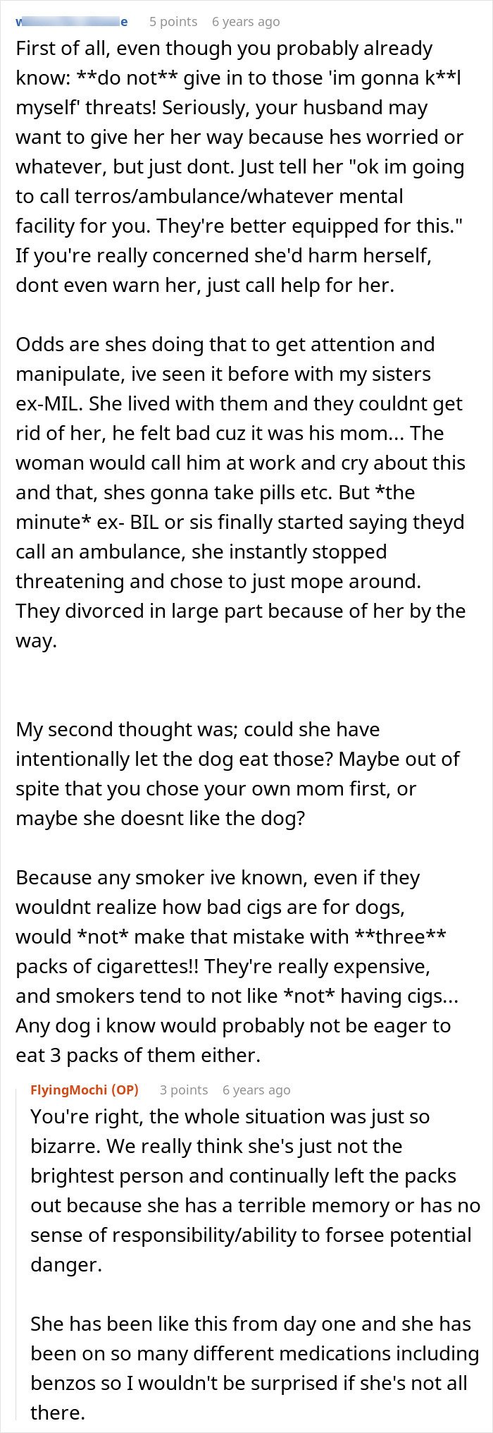 Text discussing MIL poisoning family dog and verbal attacks, questioning her motives and responsibility in the situation