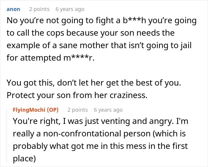 Screenshot of an online discussion where users talk about protecting a son from MIL poisoning family dog and verbal attacks.
