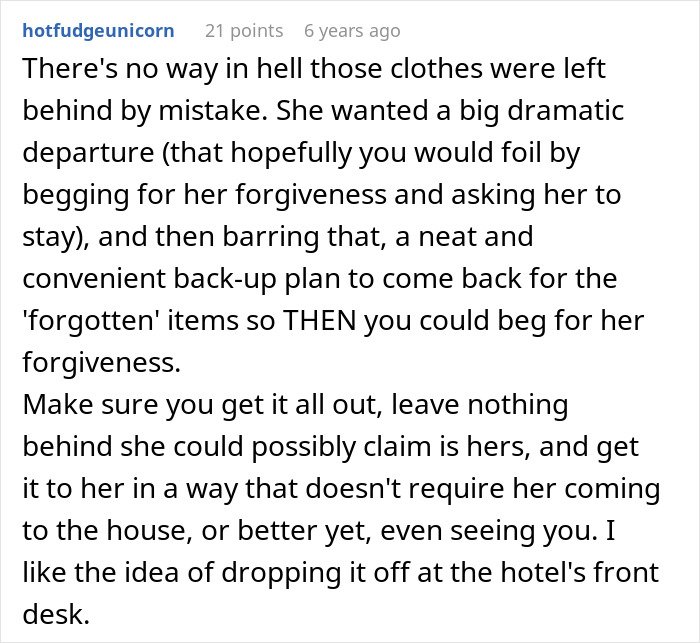 Reddit comment discussing a dramatic departure and back-up plan involving MIL poisoning family dog and verbal attacks.