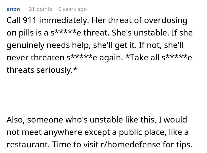 Text comments warning about o******e threats and advising caution for safety in unstable situations related to MIL poisoning family dog.