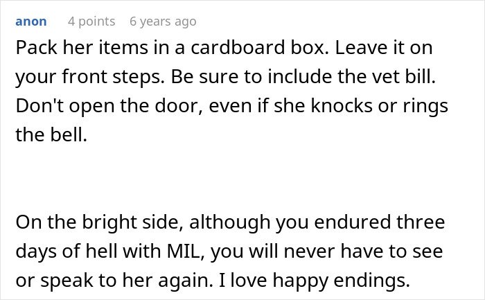 Comment advising to pack items and mentioning MIL poisons family dog and verbal attacks, emphasizing cutting ties.