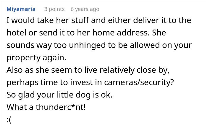 Comment discussing a MIL poisoning family dog and verbally attacking a woman, with concern for security and dog’s safety.