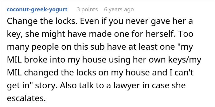 Text comment about MIL breaking into house and changing locks, advising legal help after MIL poisons family dog and verbally attacks woman.