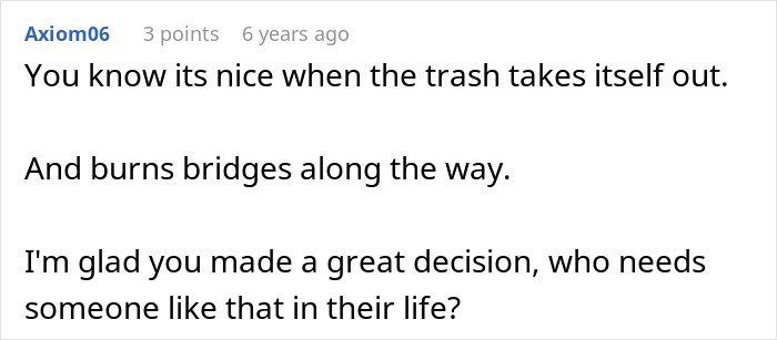 Comment stating relief about someone toxic removing themselves and burning bridges, related to MIL poisoning family dog and verbal attacks.
