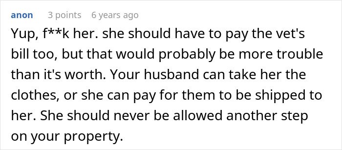 Comment discussing consequences for MIL who poisons family dog and is verbally attacked after being kicked out of the house.