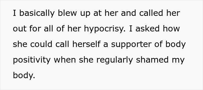 Text on white background about a woman fed up with coworker preaching body positivity while skinny-shaming her.