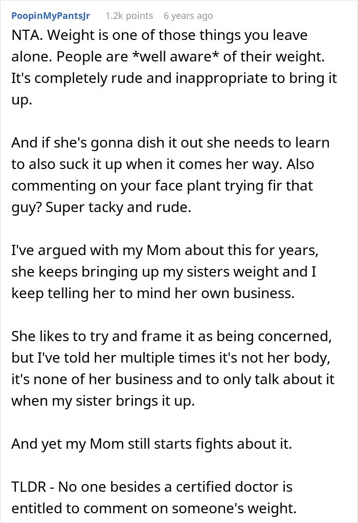 Alt text: Online comment discussing frustration with skinny-shaming and body positivity debates among coworkers and family.