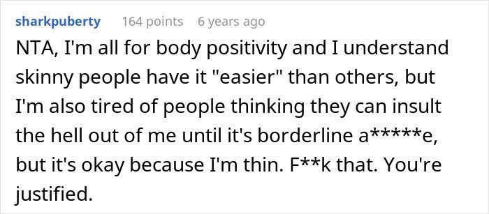Comment expressing frustration with skinny-shaming and supporting body positivity in a heated online discussion.