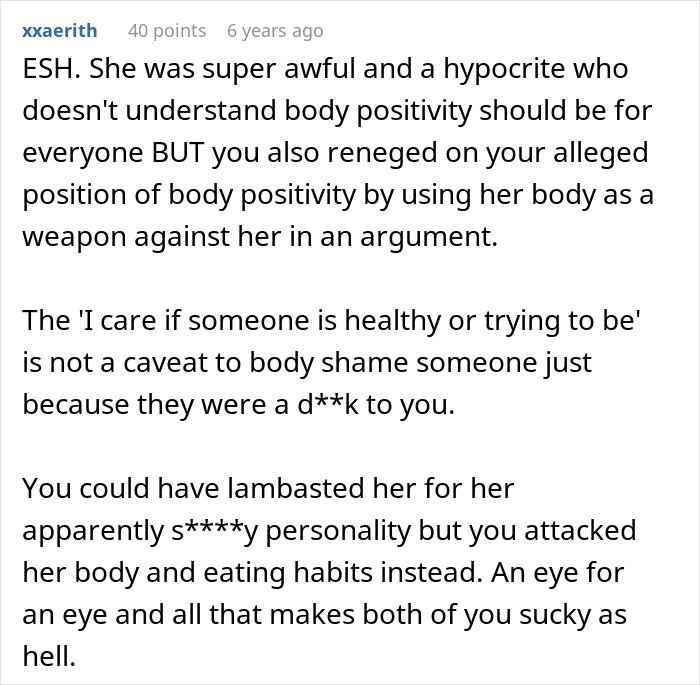 Comment discussing body positivity and a coworker skinny-shaming in an online forum conversation.