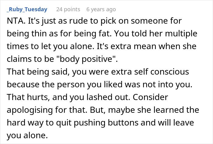 Comment explaining frustration with coworker preaching body positivity while skinny-shaming, highlighting the tension and advice given.