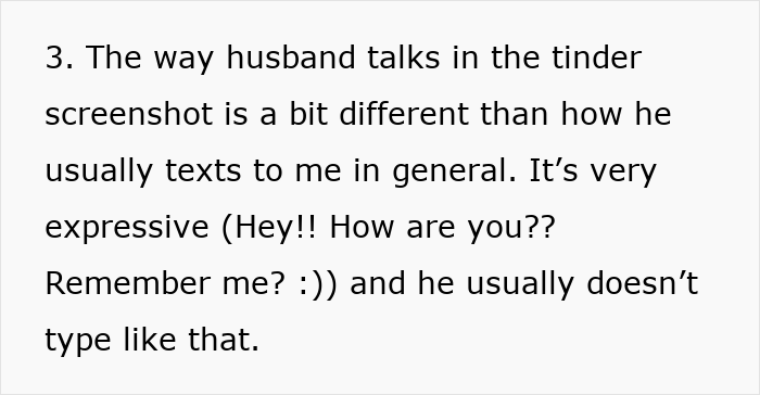 Text excerpt analyzing differences in husband’s Tinder messages, revealing signs of cheating and ex-girlfriend drama.