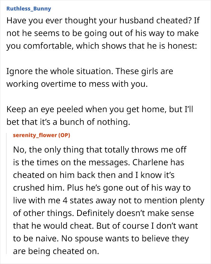 Text conversation about a woman suspecting her husband of cheating and dealing with crazy ex-girlfriends.