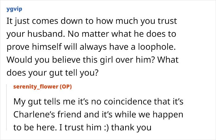 Alt text: Online conversation showing a woman questioning trust in her husband amid cheating proof and ex-girlfriend drama.