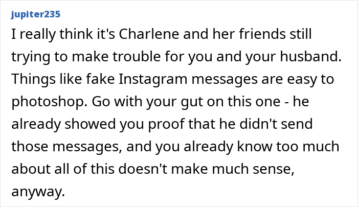 Alt text: Online message discussing proof of husband cheating and the impact of jealous ex-girlfriends causing relationship drama.
