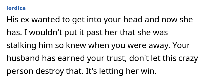 Comment text about a woman discovering her husband’s cheating and dealing with actions of a jealous ex-girlfriend.