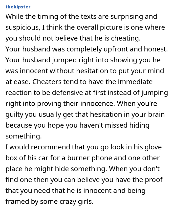 Text excerpt discussing a woman receiving proof of her husband cheating and the role of crazy ex-girlfriends in framing him.