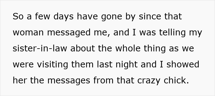 Text excerpt about woman receiving proof of husband cheating and dealing with crazy ex-girlfriends shared in a message.