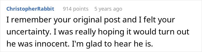 Comment discussing uncertainty and hope about a husband’s innocence amid cheating accusations and ex-girlfriend drama.