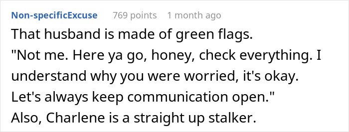 Screenshot of Reddit comment discussing a woman receiving proof of her husband cheating and crazy ex-girlfriend behavior.