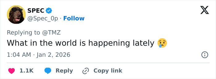 Tweet from user Spec_0p expressing confusion with a crying emoji about Tommy Lee Jones’ daughter Victoria’s pending plea deal before her passing.
