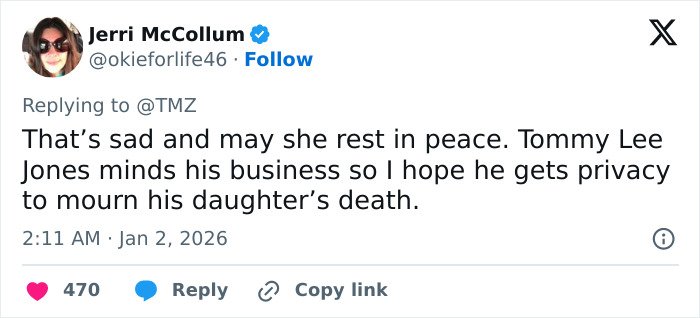 Screenshot of a tweet expressing condolences for Tommy Lee Jones’ daughter Victoria, mentioning her pending plea deal.