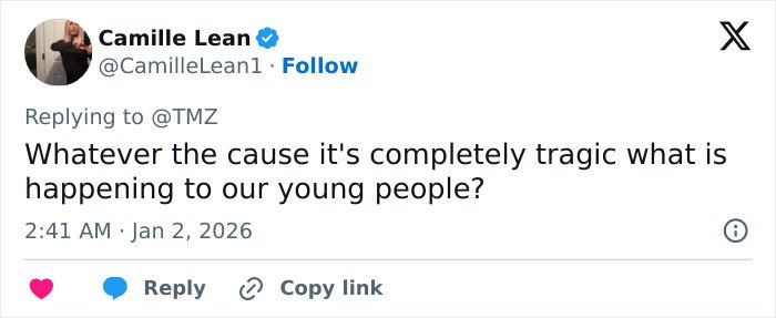 Screenshot of a tweet by Camille Lean reacting to the tragic situation involving Tommy Lee Jones’ daughter Victoria’s pending plea deal.