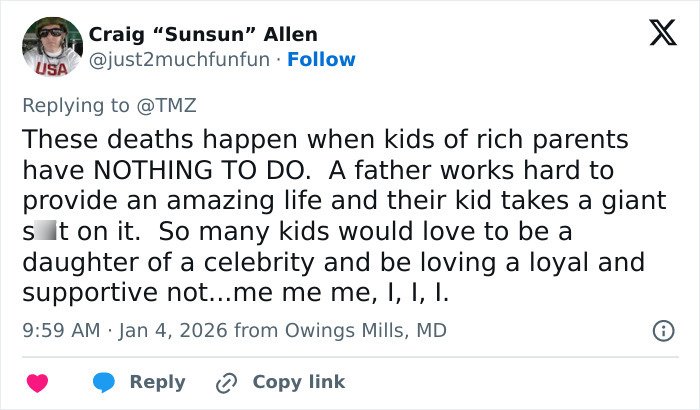 Twitter post by Craig Allen discussing challenges faced by children of rich parents, related to Tommy Lee Jones’ daughter Victoria.
