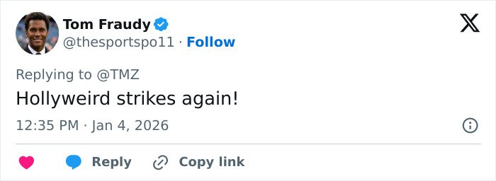 Tom Fraudys’ tweet reacting to news about Tommy Lee Jones’ daughter Victoria’s pending plea deal before her passing.