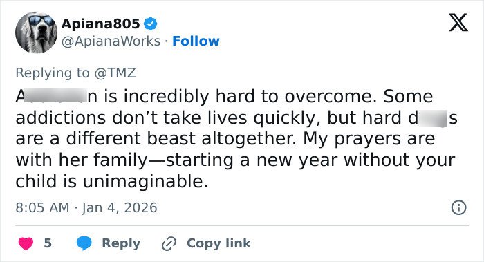 Screenshot of a tweet discussing Tommy Lee Jones’ daughter Victoria and her pending plea deal before her passing.