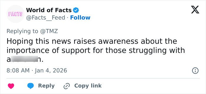 Tweet text about support awareness from World of Facts, mentioning Tommy Lee Jones’ daughter Victoria’s pending plea deal.