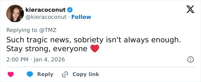 Tweet expressing condolences on Victoria, Tommy Lee Jones’ daughter, mentioning sobriety and strength in response to TMZ.