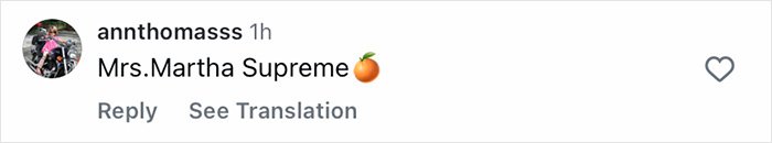 Comment on social media post reading Mrs. Martha Supreme with an orange emoji, referencing Timothée Chalamet and Kylie Jenner buzz.