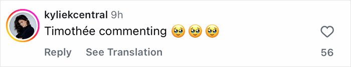 Screenshot of an Instagram comment by user kyliecentral reacting to Timothée Chalamet with three wide-eyed emojis.