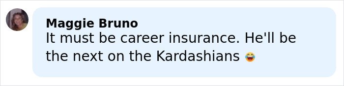 Comment by Maggie Bruno mentioning career insurance and Kardashians, related to Timothée Chalamet and Kylie Jenner buzz.