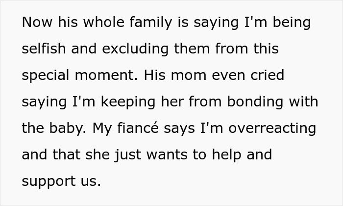 Text showing a pregnant woman&rsquo;s conflict about fianc&eacute;&rsquo;s mom being in the delivery room and asking to compromise.