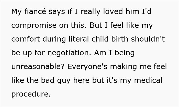 Text about pregnant woman not wanting fianc&eacute;&rsquo;s mom in delivery room, discussing compromise and childbirth comfort.