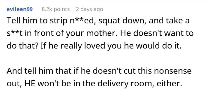 Text post discussing a pregnant woman refusing fianc&eacute;&rsquo;s mom in delivery room and conflict over compromise.