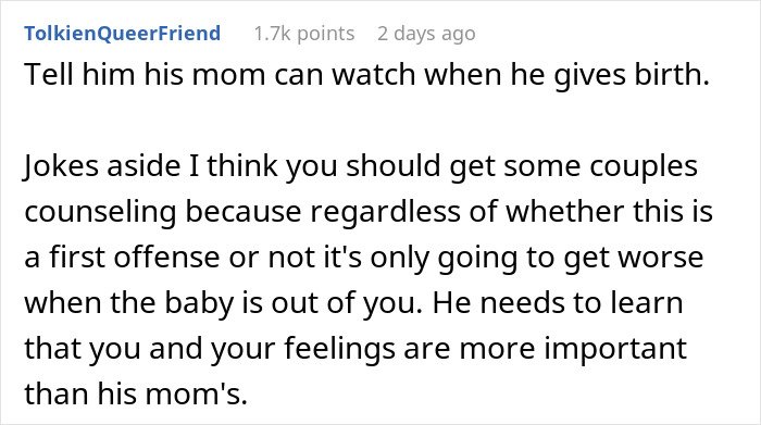 Comment discussing pregnant woman&rsquo;s feelings about fianc&eacute;&rsquo;s mom in delivery room and suggesting counseling for compromise.
