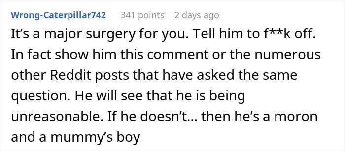 Comment advising a pregnant woman to reject fianc&eacute;&rsquo;s mom in delivery room, highlighting unreasonable compromise request.