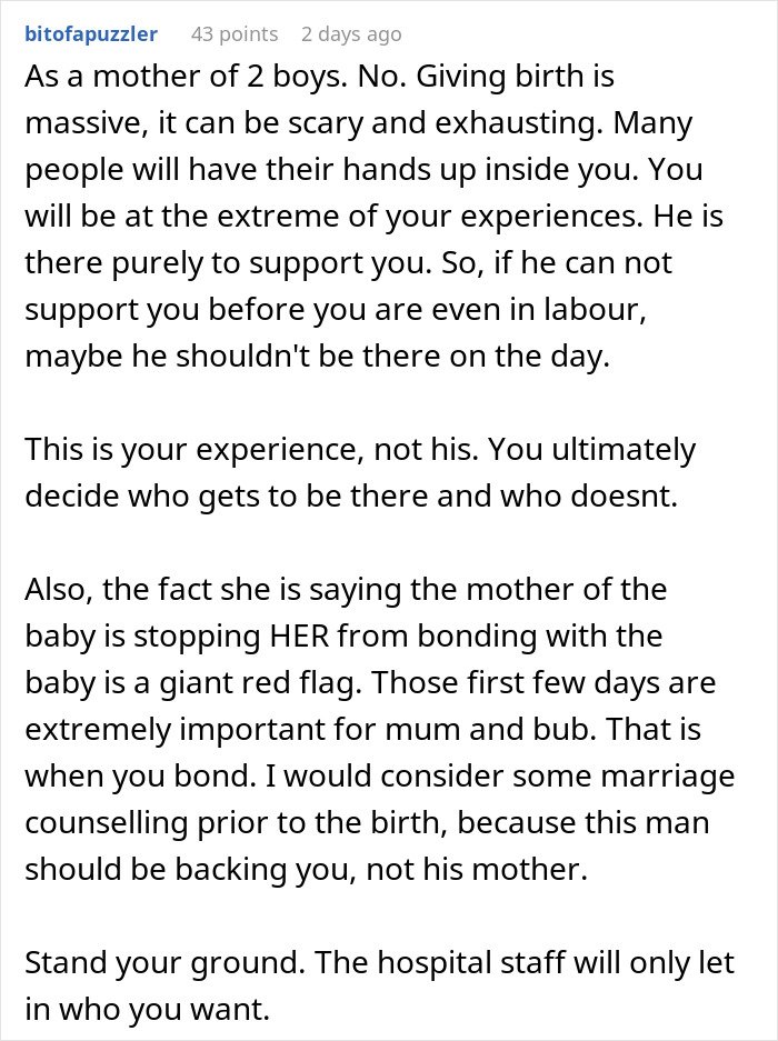 Screenshot of a Reddit comment discussing a pregnant woman not wanting fianc&eacute;&rsquo;s mom in delivery room and relationship support.