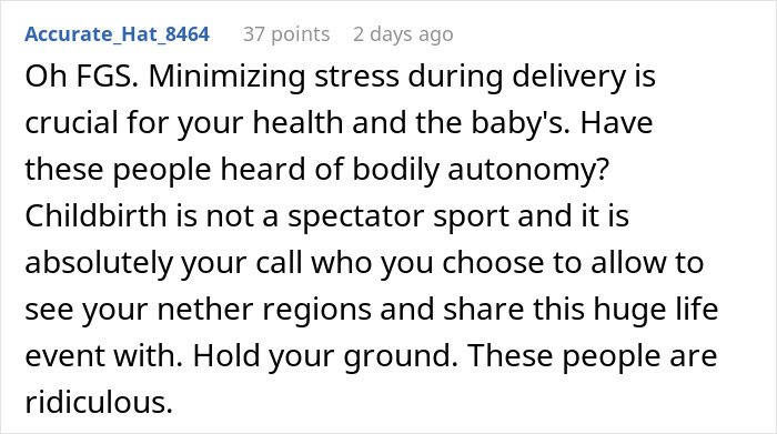 Comment about pregnant woman not wanting fianc&eacute;&rsquo;s mom in delivery room emphasizing bodily autonomy and childbirth choices.