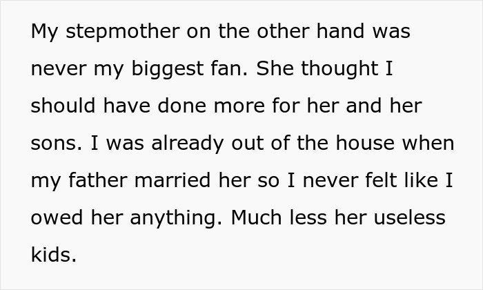 Text about a stepmother's negative feelings while emptying father's estate, highlighting useless family dynamics.